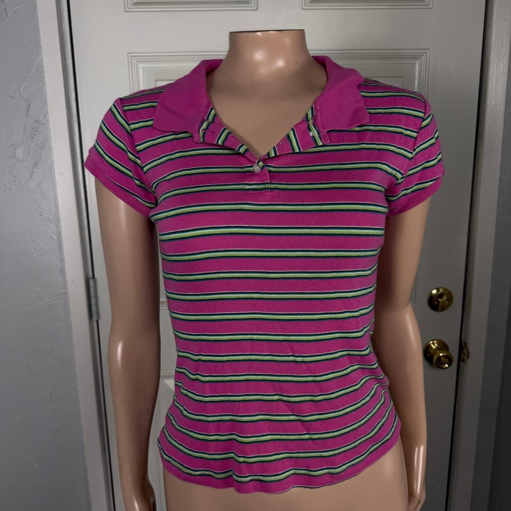 Vintage y2K Charlotte Russe Polo T-Shirt Medium Baby Tee Cotton Striped F4-19